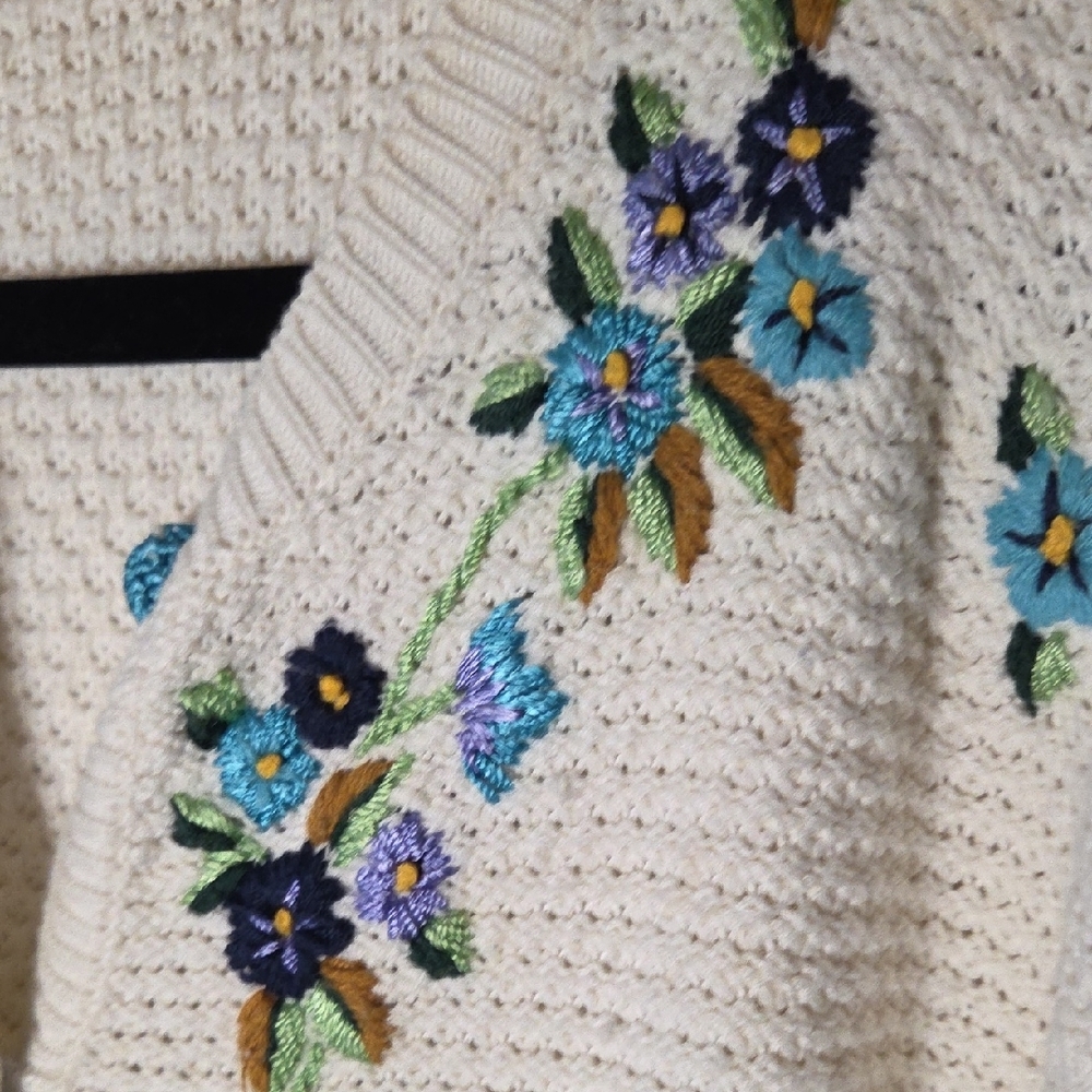 Cream Cardigan with Blue And Purple Floral Embroidery - Picture 6 of 7
